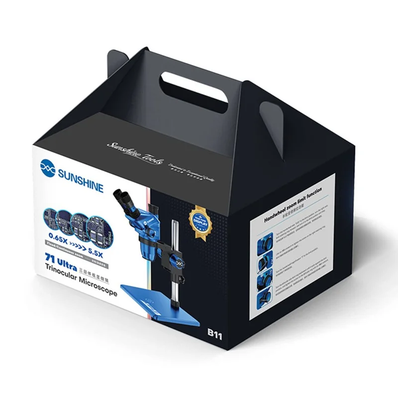 SUNSHINE 71 Ultra Trinocular Microscope 0.65X - 5.5X Zoom for Phone Electronic PCB Soldering Repair - Blue