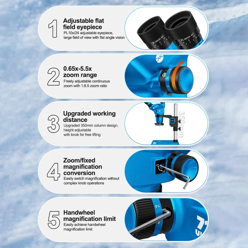 SUNSHINE 71 Ultra Trinocular Microscope 0.65X - 5.5X Zoom for Phone Electronic PCB Soldering Repair - Blue