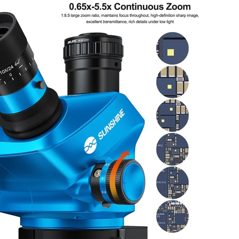 SUNSHINE 71 Ultra Trinocular Microscope 0.65X - 5.5X Zoom for Phone Electronic PCB Soldering Repair - Blue