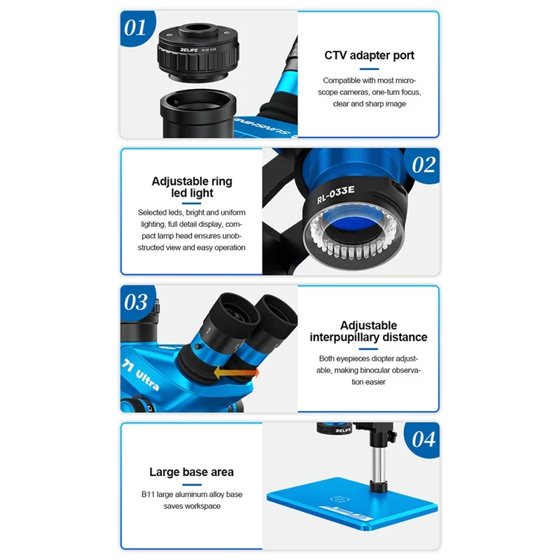 SUNSHINE 71 Ultra Trinocular Microscope 0.65X - 5.5X Zoom for Phone Electronic PCB Soldering Repair - Blue