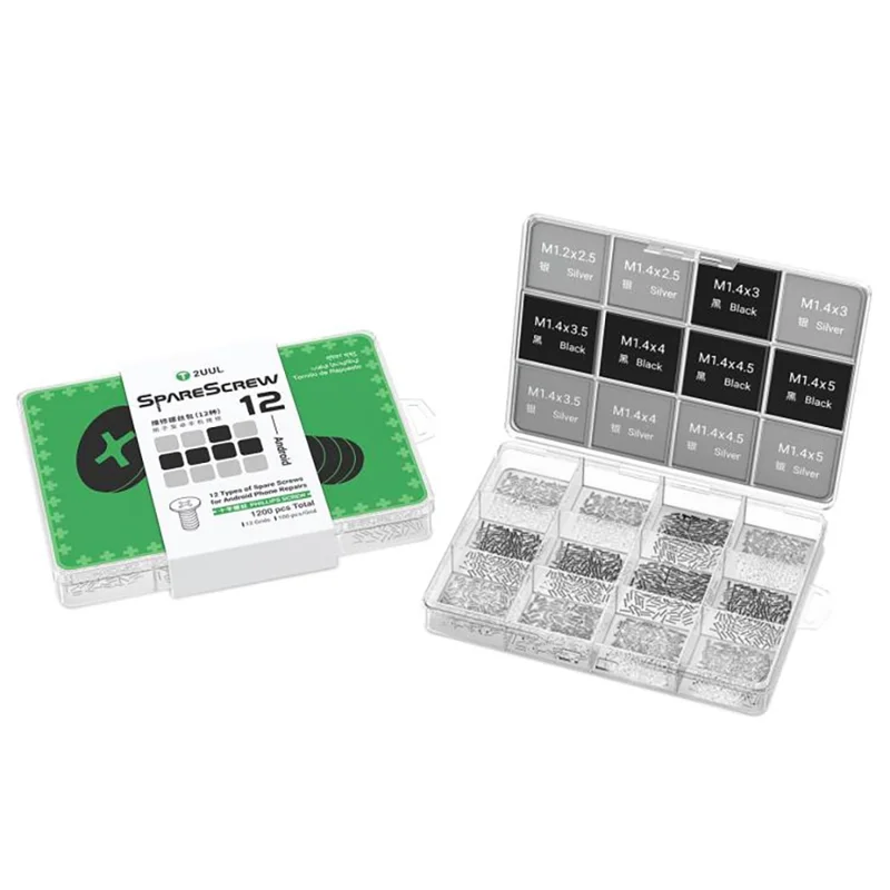 2UUL SC12 1200Pcs Spare Screw 12 Types Phillips Screws for Android Phone Repairs - Gold + Silver