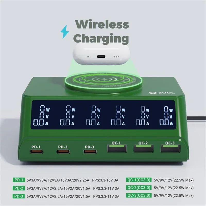 2UUL PC11 110W Multi-Port PD + QC Desktop Charging Station Wireless Pad LCD Display for Phones  /  Tablets  /  Laptops - US Plug