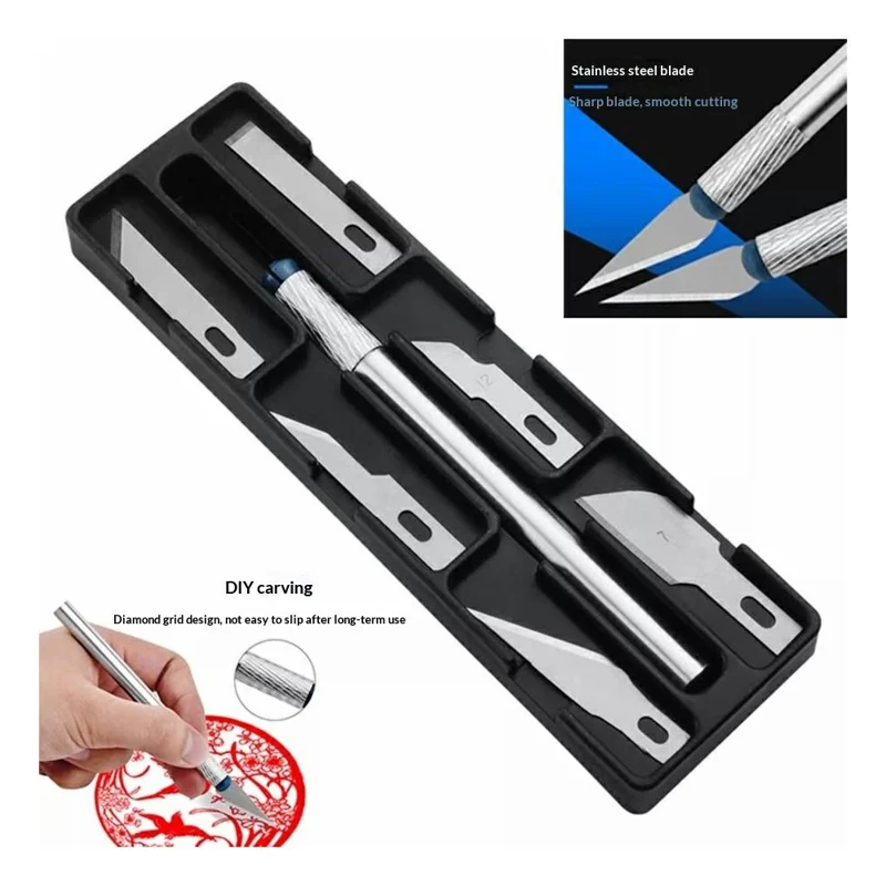 Набор точных инструментов для резки под ремонт телефона с 6 сменными лезвиями и ручкой с противоскользящим покрытием — серебристый