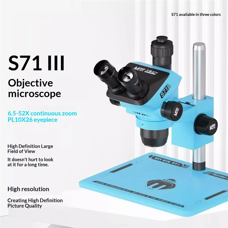 MAANT SkyEye S71 Mikroskop trójosłupowy, powiększenie ciągłe 6,5–52X, wysoka rozdzielczość, do naprawy płytek PCB i telefonów – niebieski