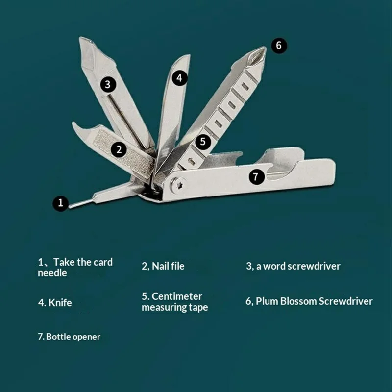 7-in-1 multifunctionele tool van roestvrij staal, SIM-kaart uittrekpincet, schroevendraaier, flesopener, nagelvijl set