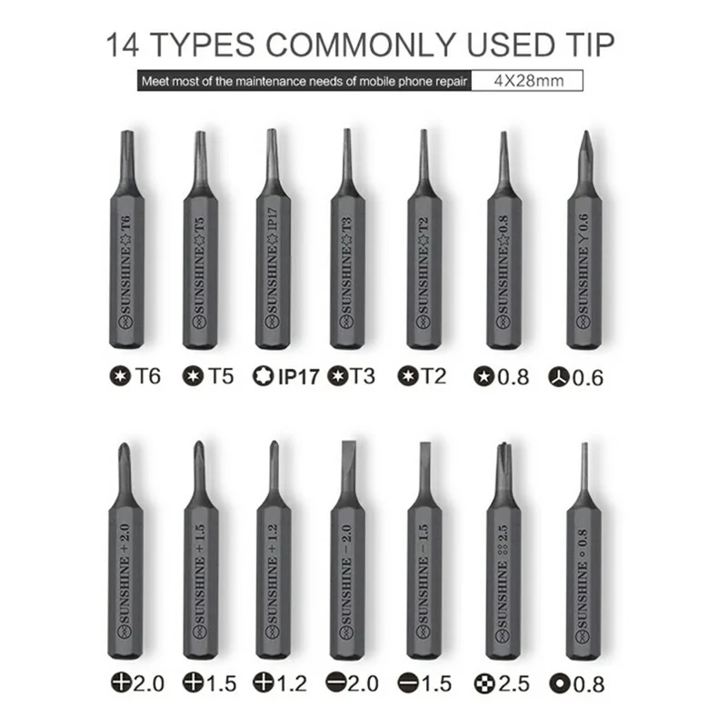 SUNSHINE SD-18E Lithium Electric Precision Screwdriver Kit 14Pcs S2 Alloy Steel Bits 3 LED Lights - Black