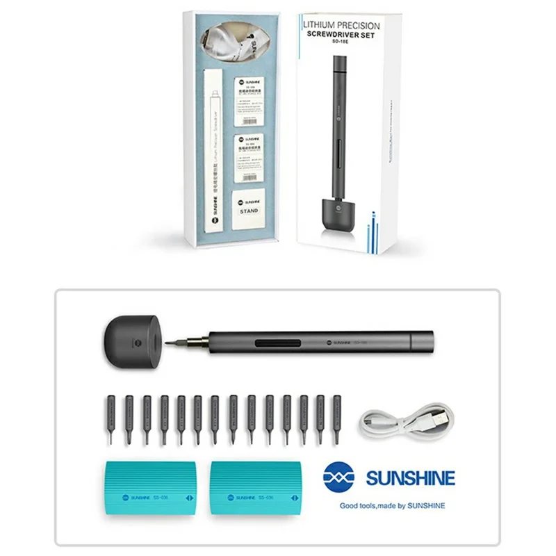 SUNSHINE SD-18E Lithium Electric Precision Screwdriver Kit 14Pcs S2 Alloy Steel Bits 3 LED Lights - Black