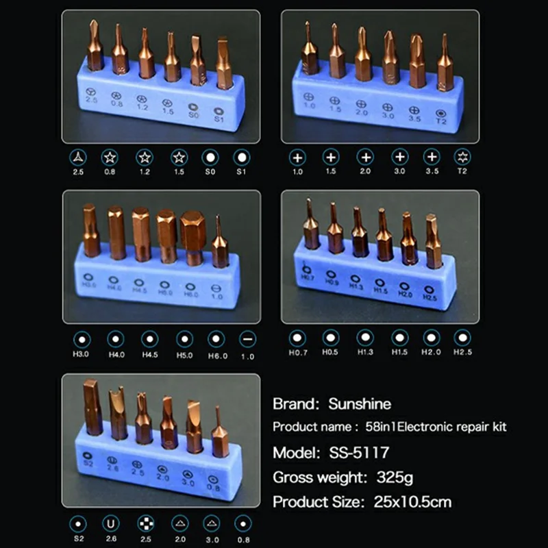 SUNSHINE SS-5117 Set di cacciaviti di precisione 58 in 1, cacciavite con impugnatura antiscivolo, strumento di riparazione per elettronica