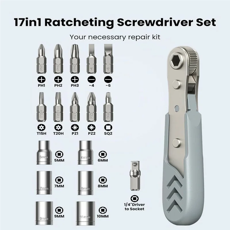 AXTH 17 in 1 Right Angle Ratcheting Screwdriver Set 36-Tooth Magnetic Bits Sockets Tool Kit for Electronics Repair