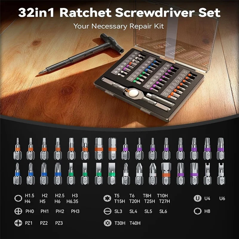 WESDUT 32 in 1 T-Handle Ratchet Screwdriver Set S2 Steel Quick Release Tools Kit for Home Repair DIY
