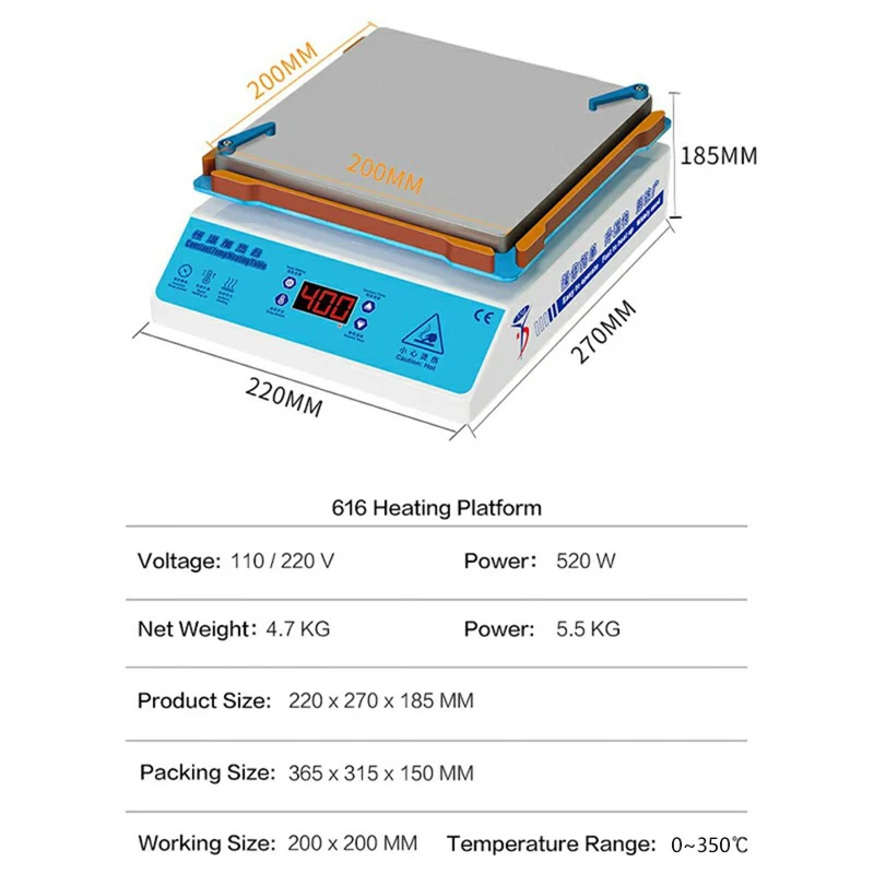 YYD YD616 520W Intelligent Heating Platform PCB Preheating Station for Electronics Repair, EU Plug  /  220V