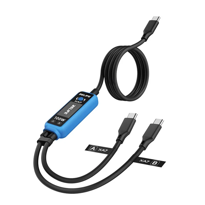 RELIFE XA7 100W 1 para 2 Cabo de Carregamento Rápido com Visor Digital, Cabo Inteligente PD3.0 USB-C para Teste de Dispositivos