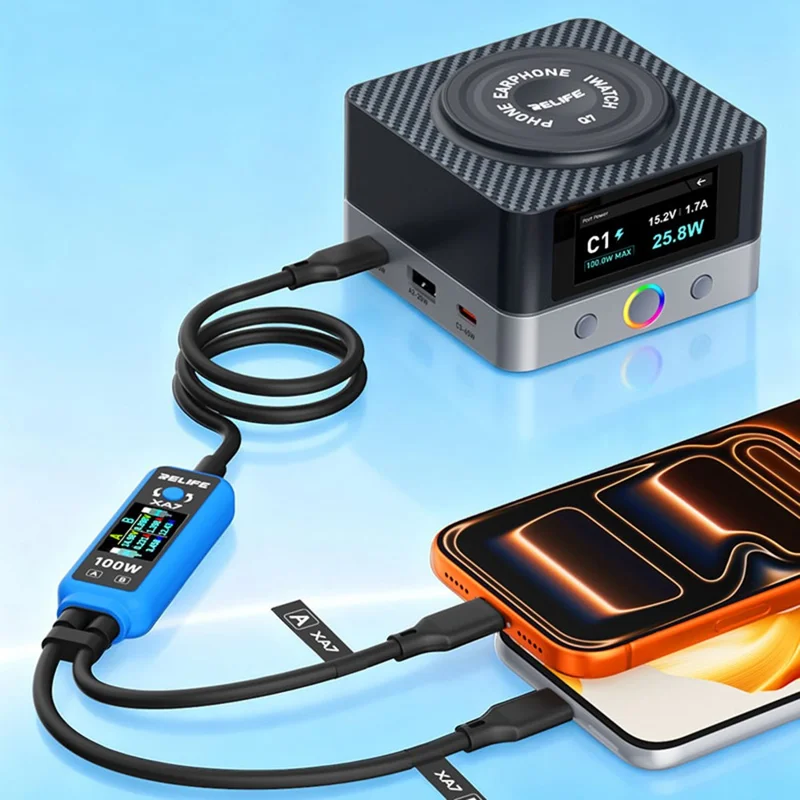RELIFE XA7 100W 1 para 2 Cabo de Carregamento Rápido com Visor Digital, Cabo Inteligente PD3.0 USB-C para Teste de Dispositivos