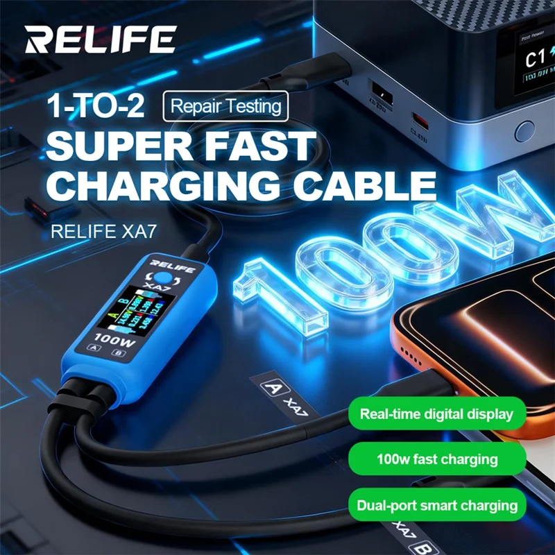 RELIFE XA7 100W 1 para 2 Cabo de Carregamento Rápido com Visor Digital, Cabo Inteligente PD3.0 USB-C para Teste de Dispositivos