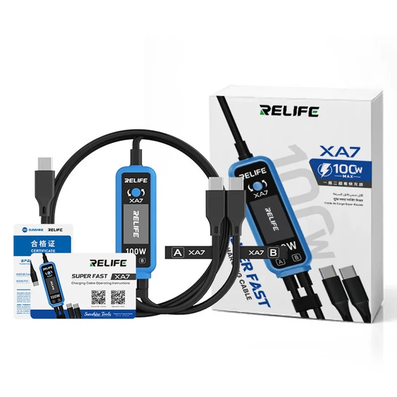 RELIFE XA7 100W 1 para 2 Cabo de Carregamento Rápido com Visor Digital, Cabo Inteligente PD3.0 USB-C para Teste de Dispositivos