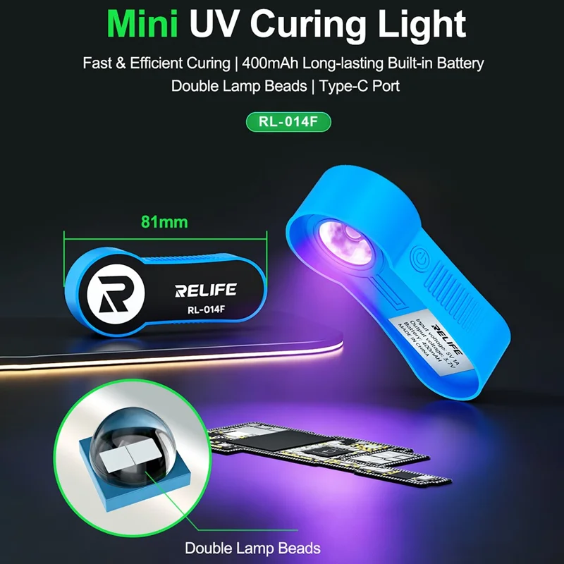 RELIFE RL-014F UV Mini Hærdningslampe 395 nm Dobbelt LED-design 400 mAh Type-C Bærbar Hærdningslampe