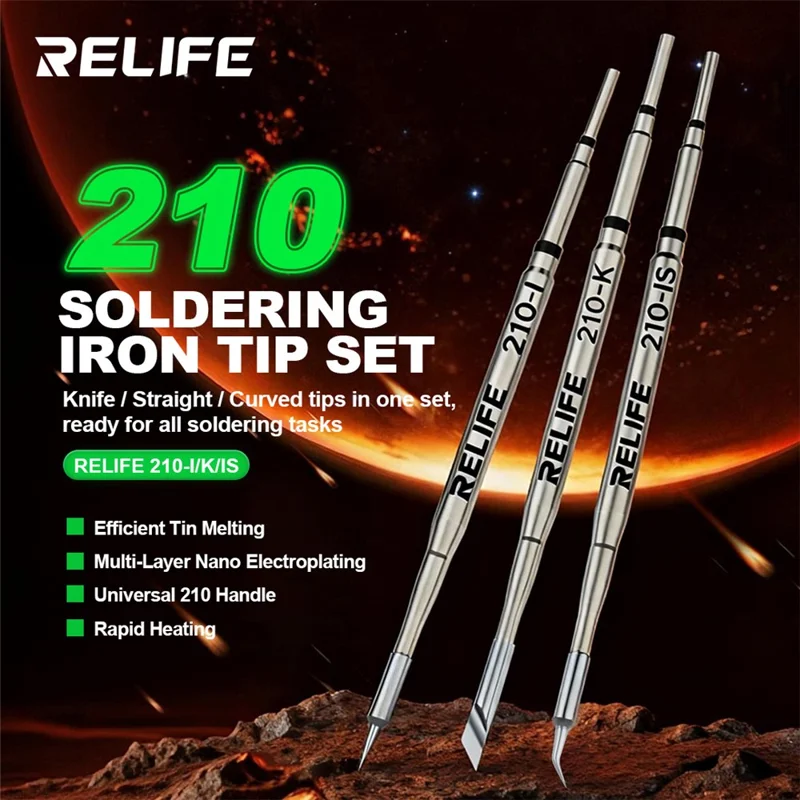 RELIFE 210 3-teiliges Lötkolben-Spitzen-Set 80 mm Messer Gerade Gebogen Mehrschichtige Nano-Vergoldung Ersatzlötkolben-Spitzen Reparaturwerkzeug für Elektronik