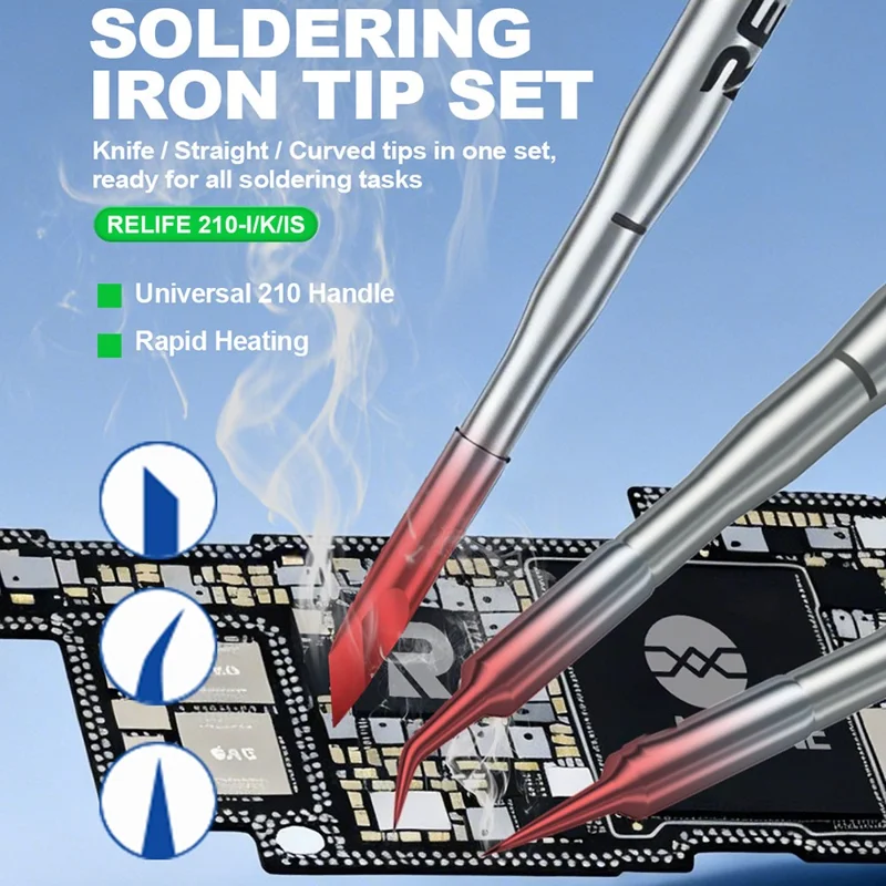 RELIFE 210 3-teiliges Lötkolben-Spitzen-Set 80 mm Messer Gerade Gebogen Mehrschichtige Nano-Vergoldung Ersatzlötkolben-Spitzen Reparaturwerkzeug für Elektronik