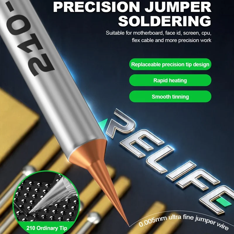 RELIFE 210 1 Set 0,1 mm Punta del saldatore in rame puro Ultrafine Punta sostituibile Strumento per saldatura per riparazione filo ponticello