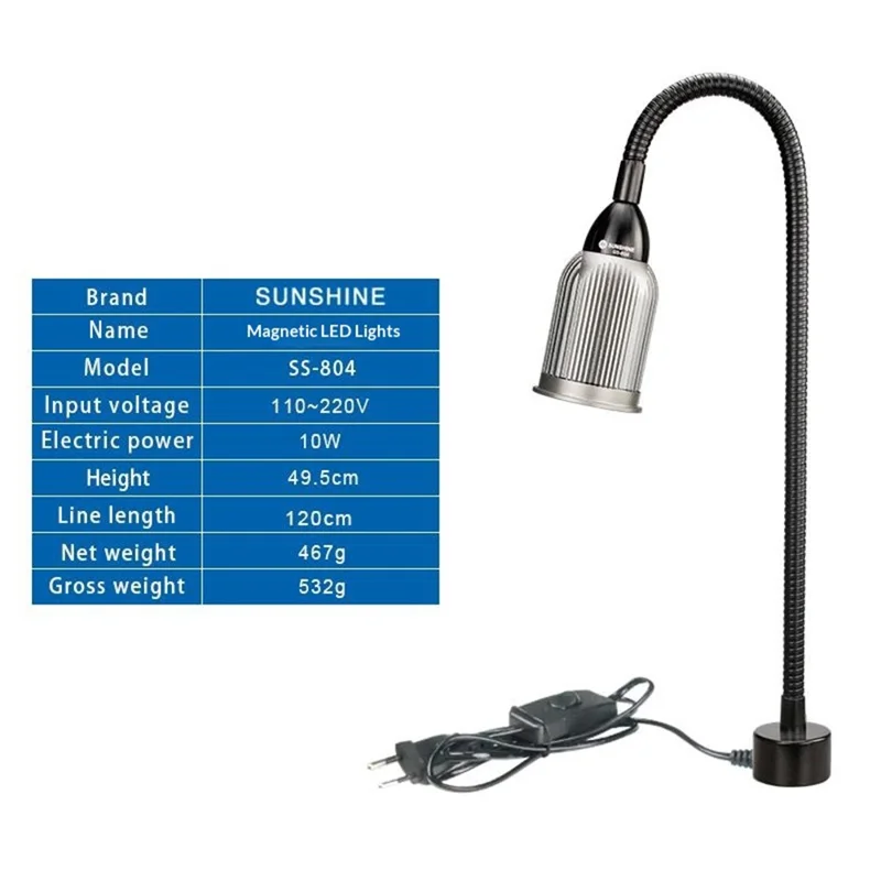 SUNSHINE SS-804 Magnetic LED Work Light 10W Aluminum Heat Dissipation Flexible Hose COB Desk Lamp for Repair - EU Plug