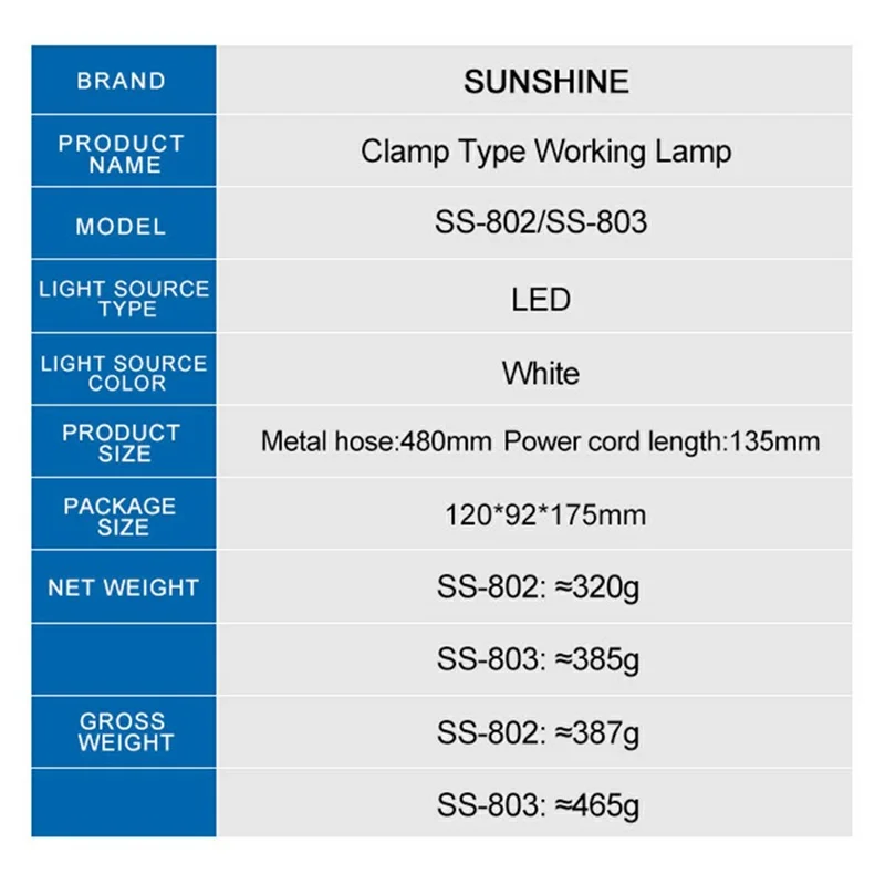 SUNSHINE SS-803 Clamp LED Work Light 360 Degree Adjustable 35 LEDs Metal Flexible Arm Clip-on Desk Lamp for Repair - EU Plug