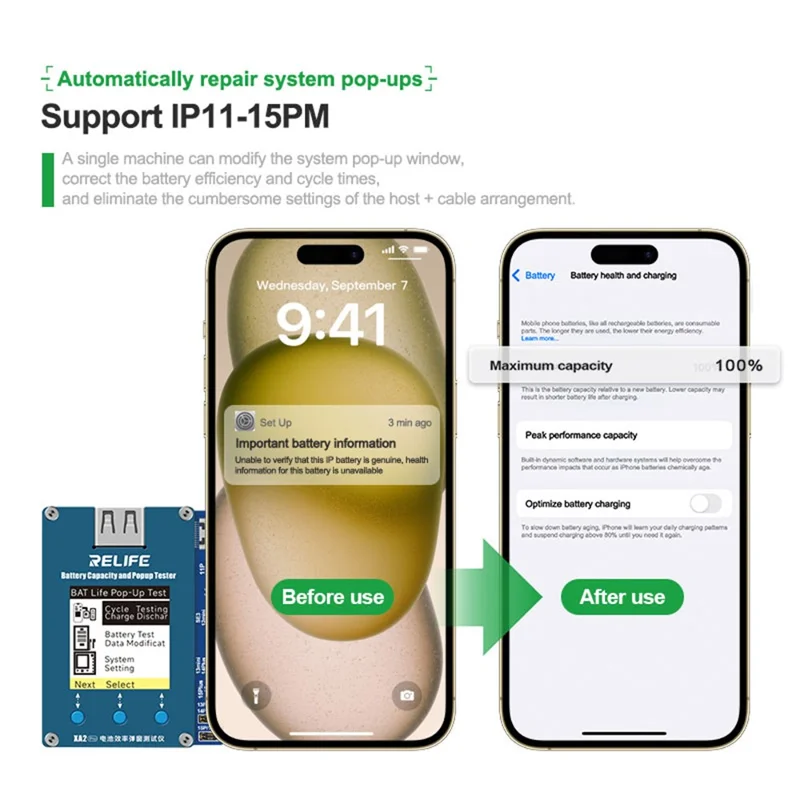 RELIFE XA2 Pro Tester wydajności baterii, detektor automatycznego naprawiania komunikatów o wydajności, bezprzewodowy tester wydajności dla iPhone 11-15 Pro Max