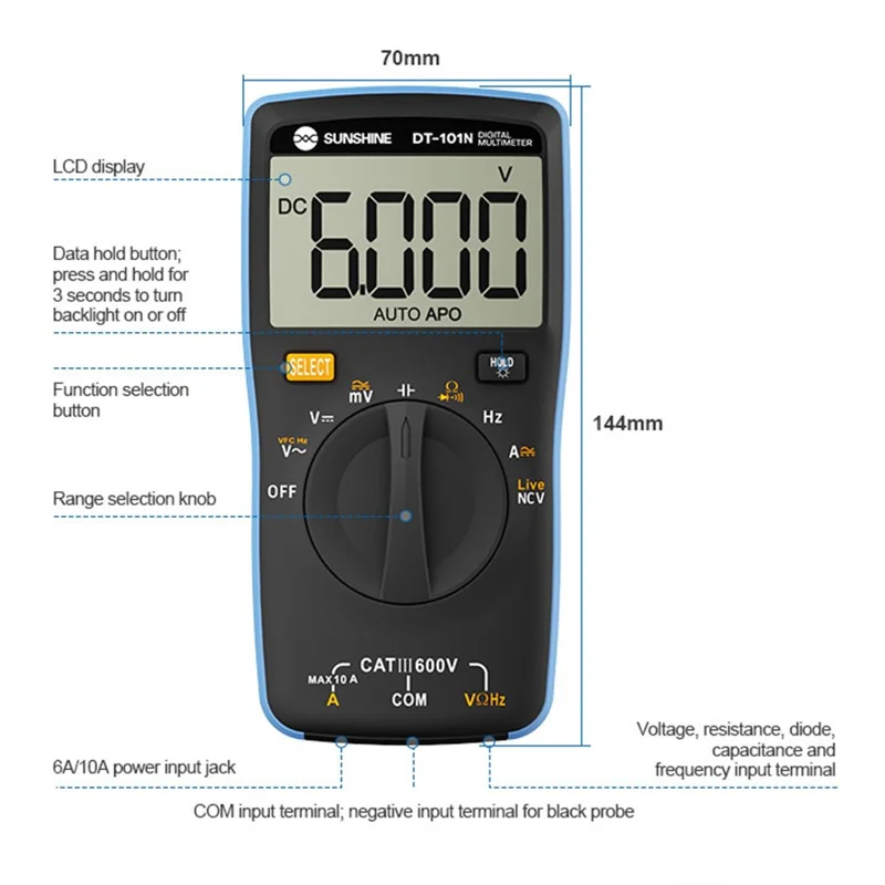 SUNSHINE DT-101N Digitalt multimeter 5999 tællinger LCD baggrundsbelysning Lommetype Automatisk område Tester Meter til elektrisk testning (uden batteri)