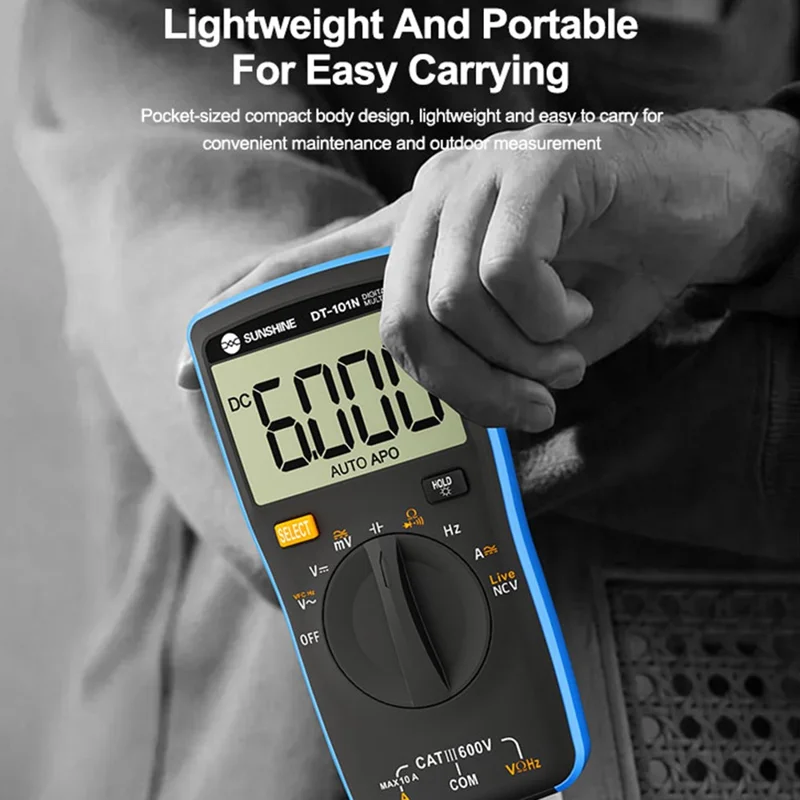 SUNSHINE DT-101N Digitalt multimeter 5999 tællinger LCD baggrundsbelysning Lommetype Automatisk område Tester Meter til elektrisk testning (uden batteri)