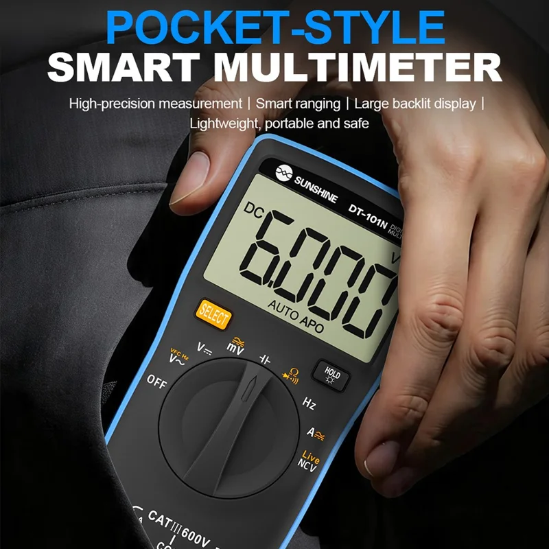 SUNSHINE DT-101N Digitalt multimeter 5999 tællinger LCD baggrundsbelysning Lommetype Automatisk område Tester Meter til elektrisk testning (uden batteri)