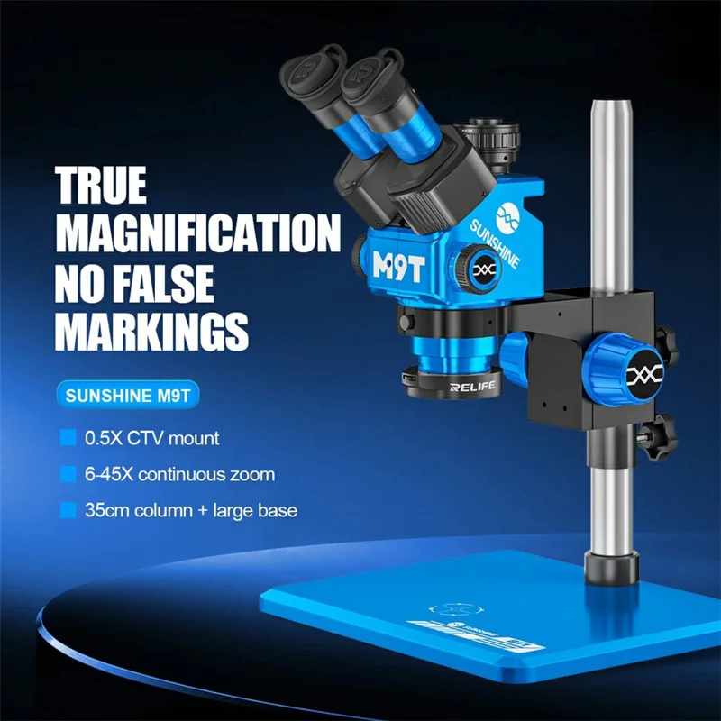 SUNSHINE M9T Trinocular Stereo Microscope 6X-45X Continuous Zoom 350mm Column for Electronic PCB Repair