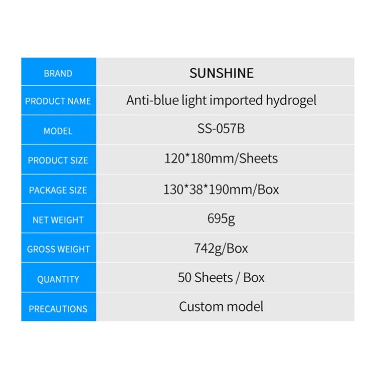 Sunshine 50pcs / Lot SS-057B 7 Pouces Film De Réparation De Compression De 7 Pouces Film De L'hydrogel Flexible [lumière Anti-bleue] Pour Machine De Découpe De Film SS-890C