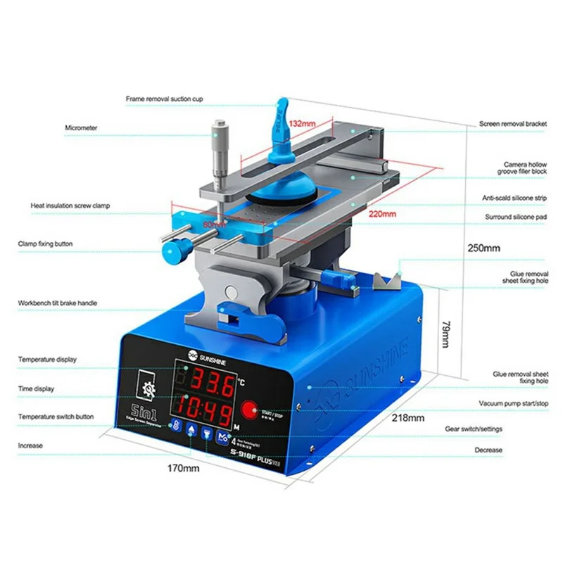 SUNSHINE S-918F Plus V2.0 Herramienta de Reparación para Separación de Pantalla LCD 5 en 1, Calentamiento y Eliminación de Pegamento para Pantallas Planas y Curvas - Enchufe UE