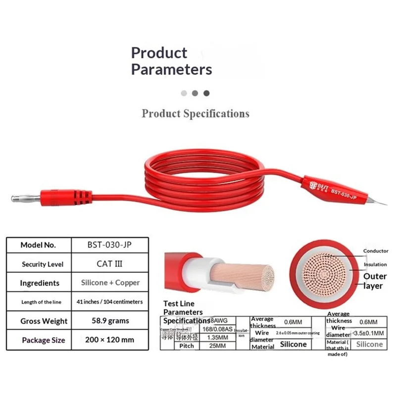 BEST BST-030-JP Strømforsyningskabel 2000V 20A Prøveledninger med Delfin-klemme og Bananstik Multimeter Telefonreparationsværktøj