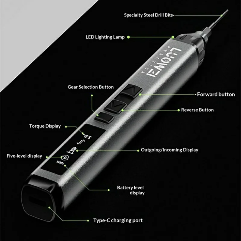LUOWEI S1 Pro Electric Screwdriver 22Pcs Bits 5 Torque Levels LED Light for Phone Repair - Professional Edition