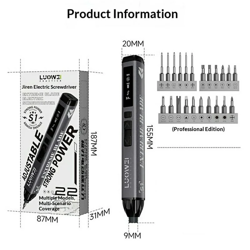 LUOWEI S1 Pro Electric Screwdriver 22Pcs Bits 5 Torque Levels LED Light for Phone Repair - Professional Edition