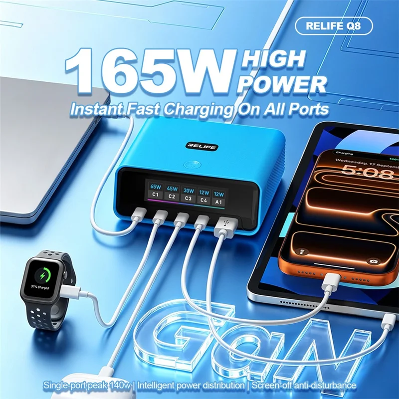 RELIFE Q8 165W GaN Charger 5-Port USB-C PD 140W Multi Device Fast Charging Station for Laptop Phone - Blue