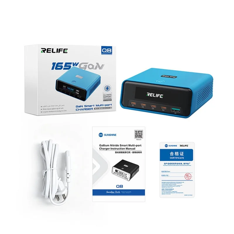 RELIFE Q8 165W GaN Charger 5-Port USB-C PD 140W Multi Device Fast Charging Station for Laptop Phone - Blue