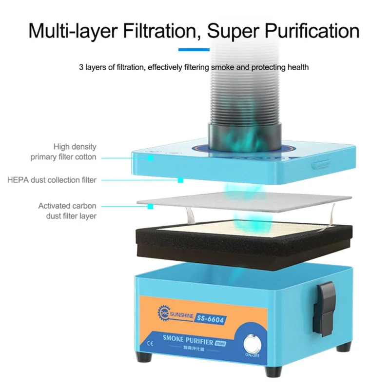 SUNSHINE SS-6604 MINI Purificateur d'air de bureau 3 niveaux de filtration, extracteur de fumée HEPA pour soudage et laser - Prise UE