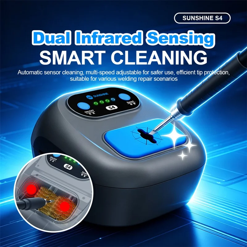 SUNSHINE S4 Limpiador Automático de Punta de Soldador con Doble Sensor Infrarrojo Inteligente y 3 Velocidades para Reparación de Soldadura