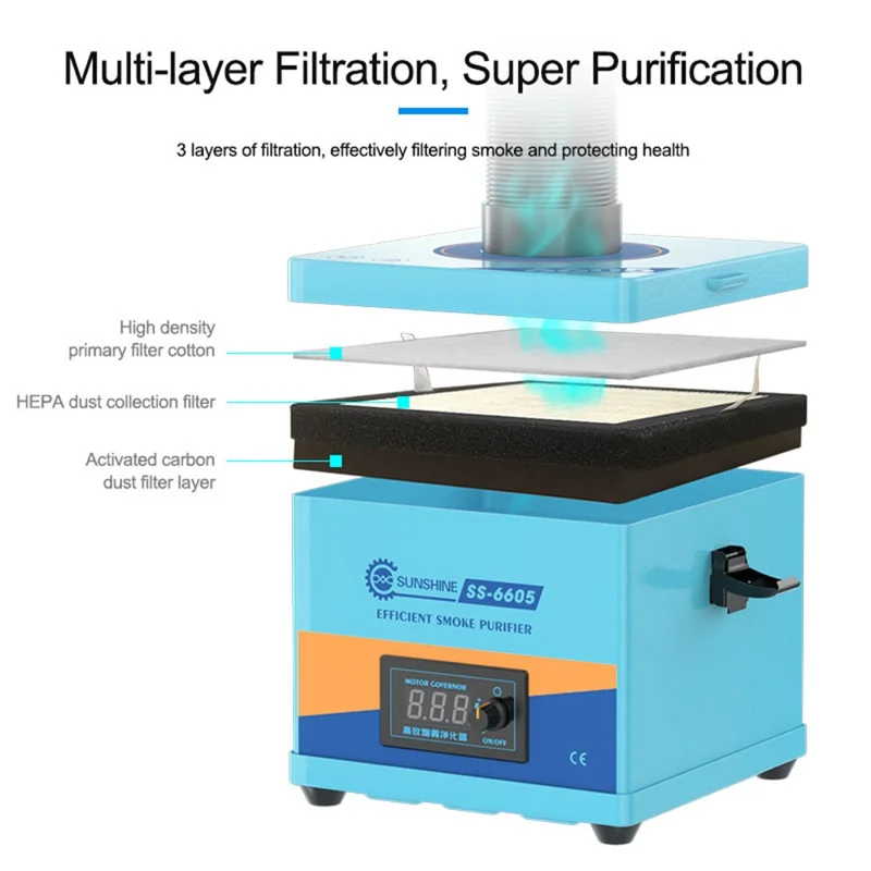 SUNSHINE SS-6605 High Efficiency Smoke Purifier 3-Layer Filtration System Fume Extractor for Soldering Laser - EU Plug