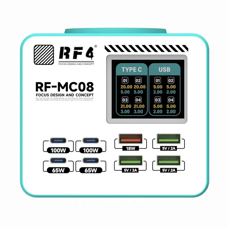 RF4 RF-MC08 LCD Screen 8-Port Charger with 4 USB-C + 4 USB-A Ports 100W Fast Charging Station for Laptop