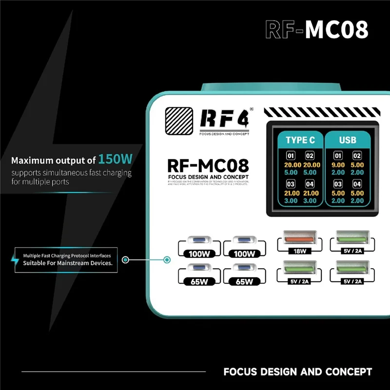 RF4 RF-MC08 LCD Screen 8-Port Charger with 4 USB-C + 4 USB-A Ports 100W Fast Charging Station for Laptop