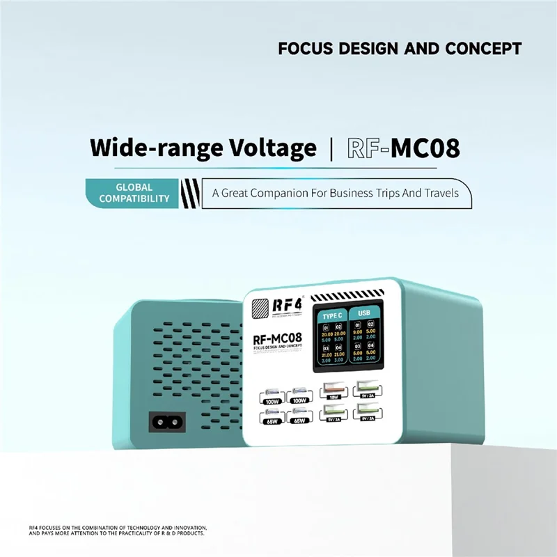 RF4 RF-MC08 LCD Screen 8-Port Charger with 4 USB-C + 4 USB-A Ports 100W Fast Charging Station for Laptop