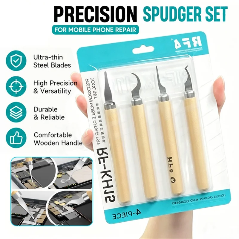 RF4 KH15 4Pcs Precision Spudger Set Pry Tools Steel Blades Wooden Handle Phone Repair Tool Kit