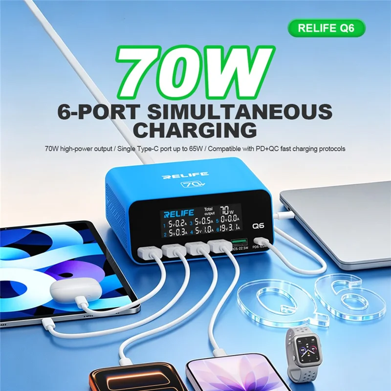RELIFE Q6 70 W 6-port Smart Charger PD+QC 65 W Type-C hurtiglader – EU-stik
