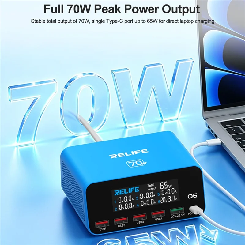 RELIFE Q6 70 W 6-port Smart Charger PD+QC 65 W Type-C hurtiglader – EU-stik