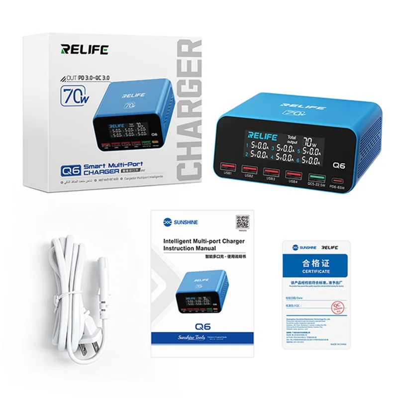 RELIFE Q6 70 W 6-port Smart Charger PD+QC 65 W Type-C hurtiglader – EU-stik