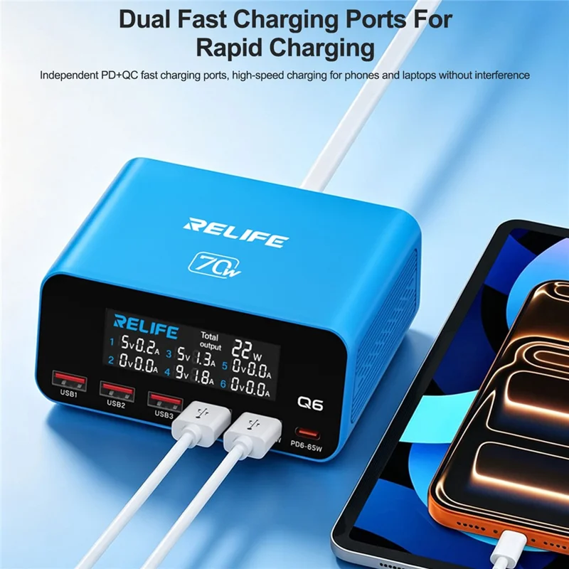 RELIFE Q6 70W Cargador Inteligente de 6 Puertos PD+QC 65W Tipo-C Carga Rápida - Enchufe EE. UU.
