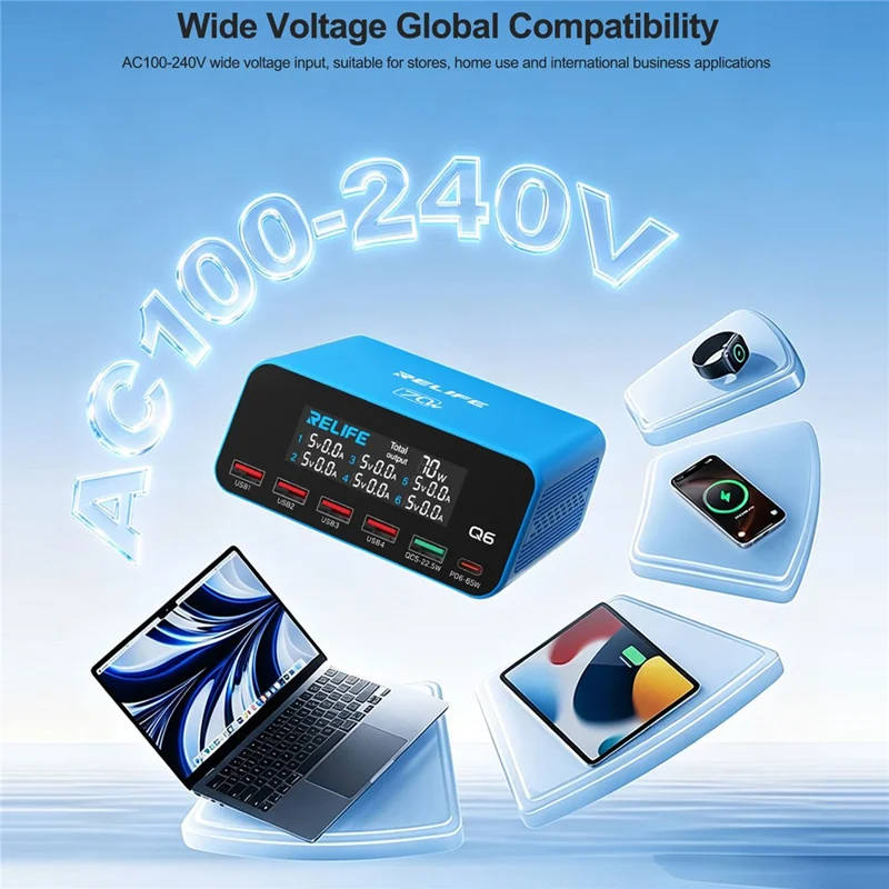 RELIFE Q6 70W Cargador Inteligente de 6 Puertos PD+QC 65W Tipo-C Carga Rápida - Enchufe EE. UU.