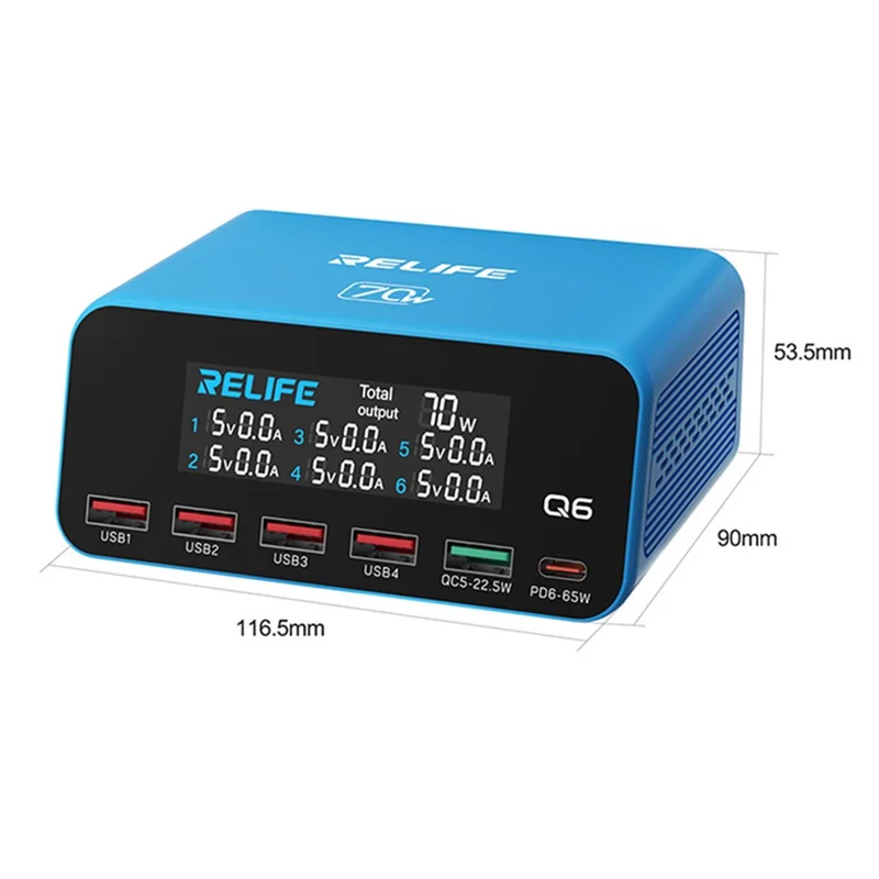 RELIFE Q6 70W Cargador Inteligente de 6 Puertos PD+QC 65W Tipo-C Carga Rápida - Enchufe EE. UU.